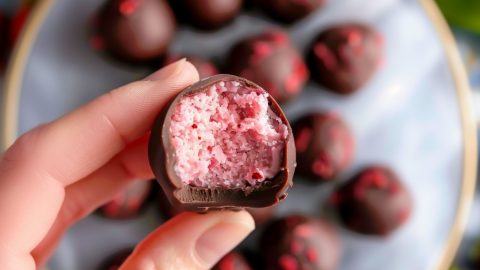 Hand showing a bitten chocolate coated strawberry truffles.