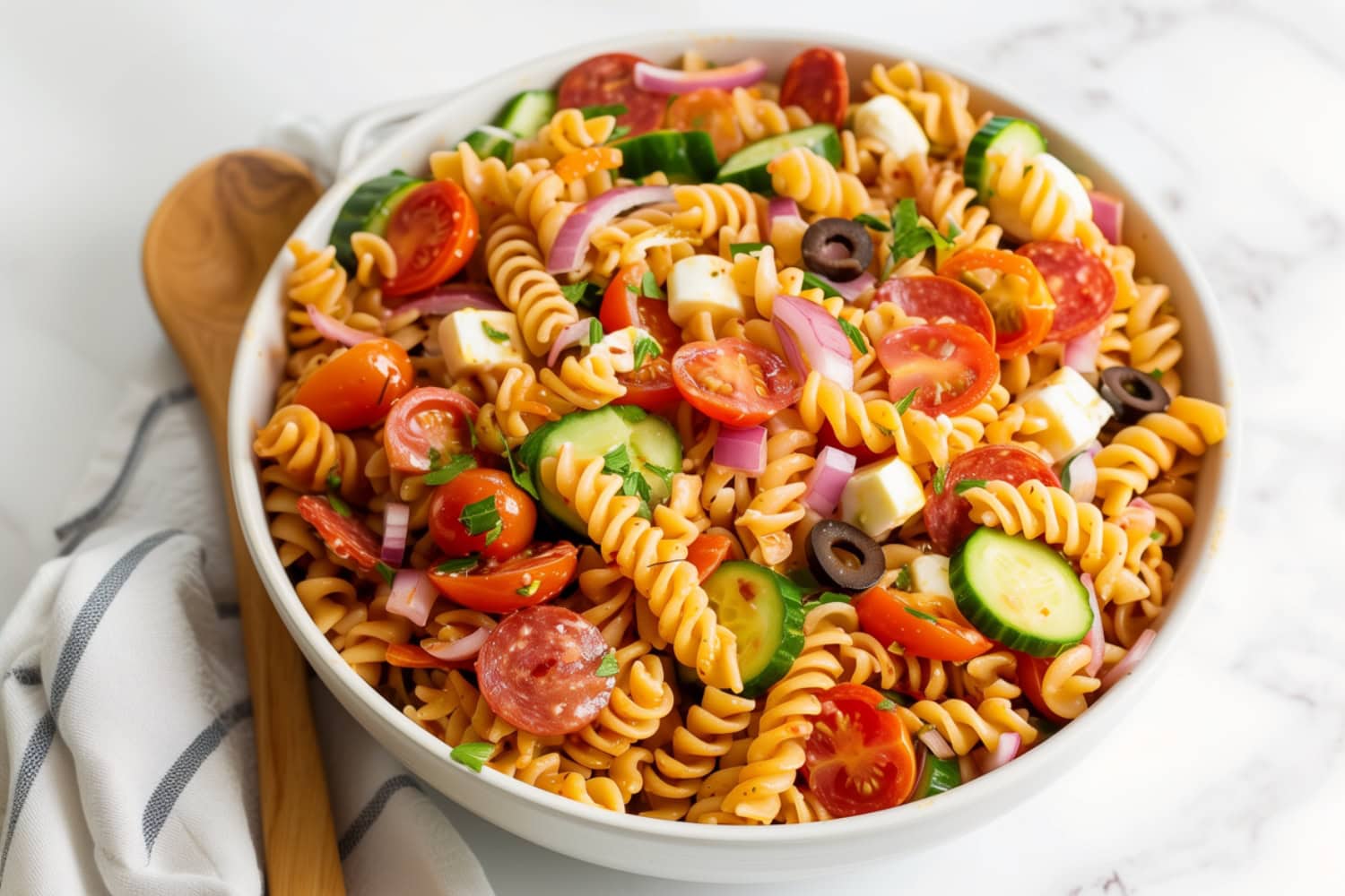 Delicious supreme pasta salad featuring rotini, cucumbers, and red onions.
