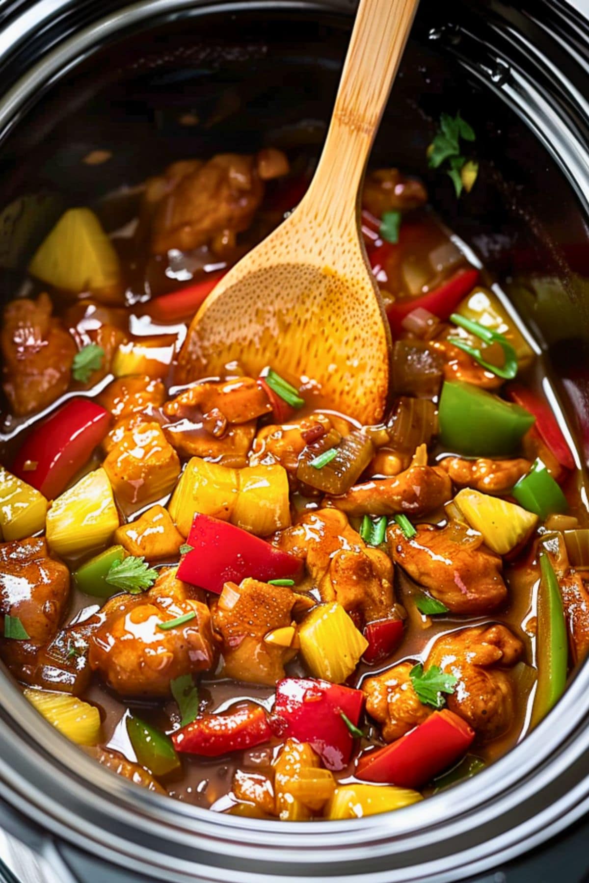 Bite sized chicken thigh with red and green bell pepper, pineapple chunks in soy sauce tossed with a wooden ladle in a slow cooker.