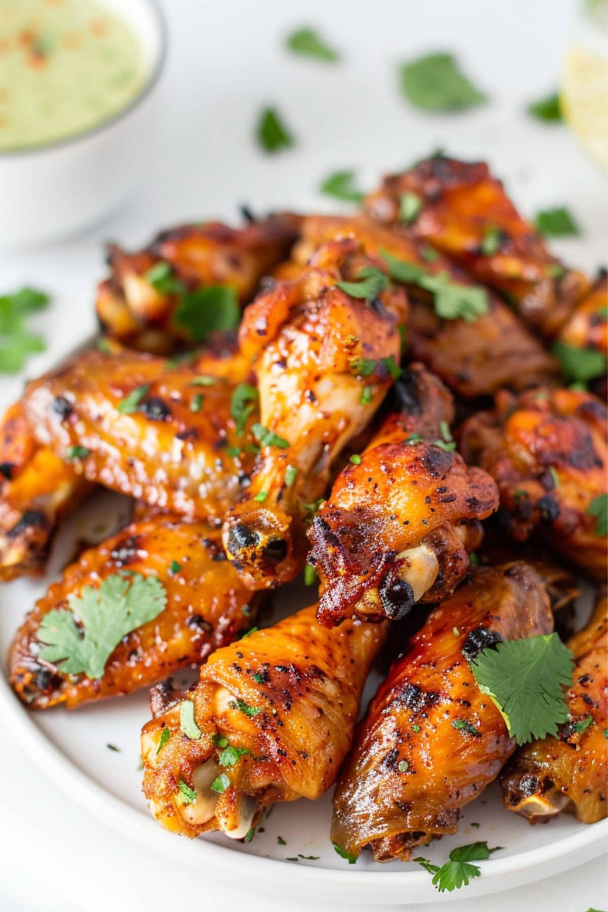 Oven baked chicken wings marinated in yogurt, lemon juice, ginger-garlic paste, Garam masala, Kashmiri red chili powder (or mild paprika), ground cumin, ground coriander, turmeric, and salt.