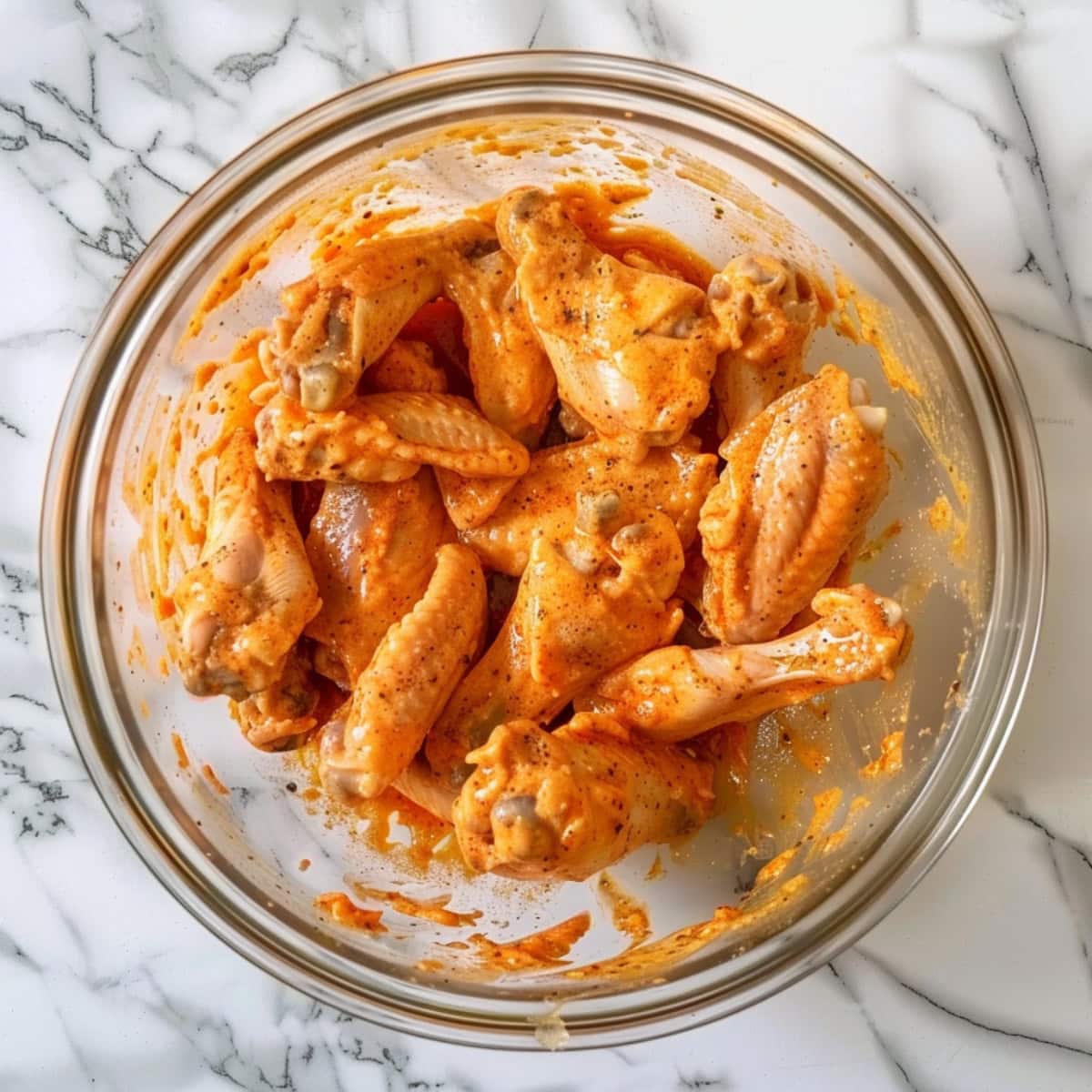 Chicken wings marinated with mix yogurt, lemon juice, ginger-garlic paste, and spices in a bowl.