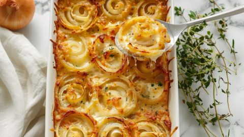 Spoon scooping baked onion ring with melted cheese and butter.