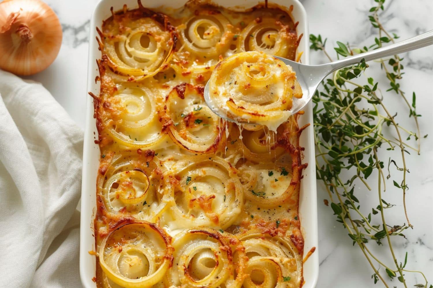 Spoon scooping baked onion ring with melted cheese and butter.