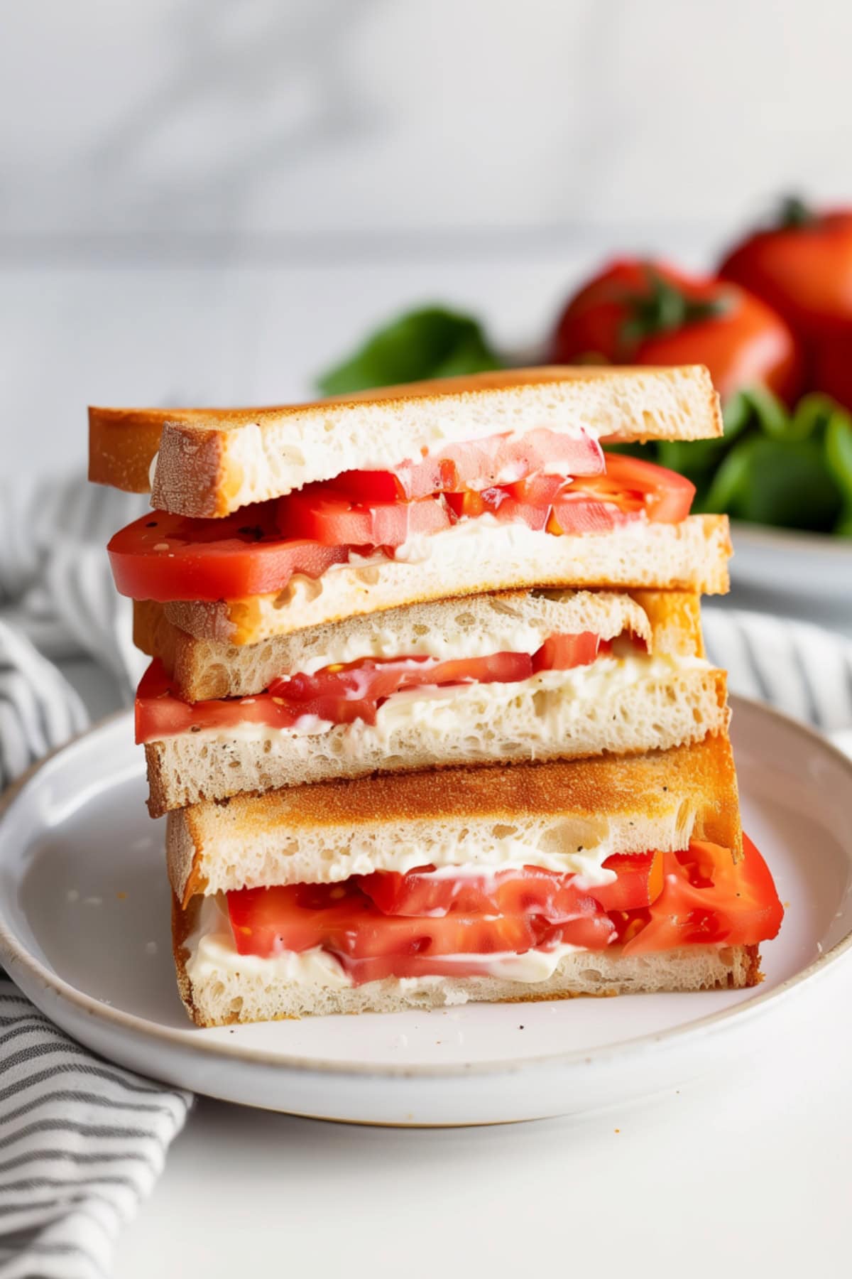 A stack of three tomato sandwiches in a white plate.