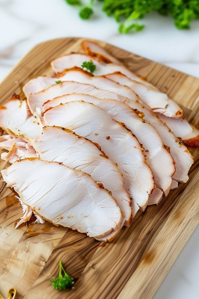 Sliced deli turkey breast in a wooden board.