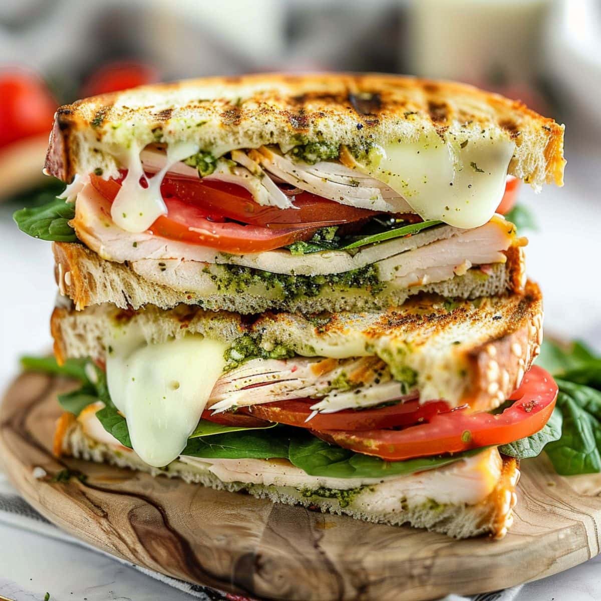 Turkey pesto sandwich with melted cheese, sliced turkey, tomato and spinach sliced in half served on a wooden board. 