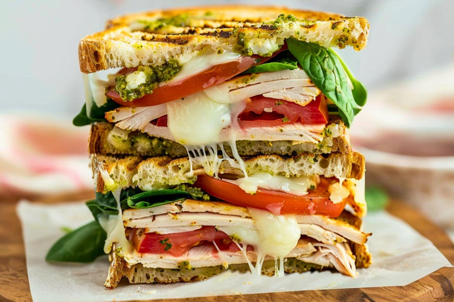 Turkey pasta sandwich in a wooden board.