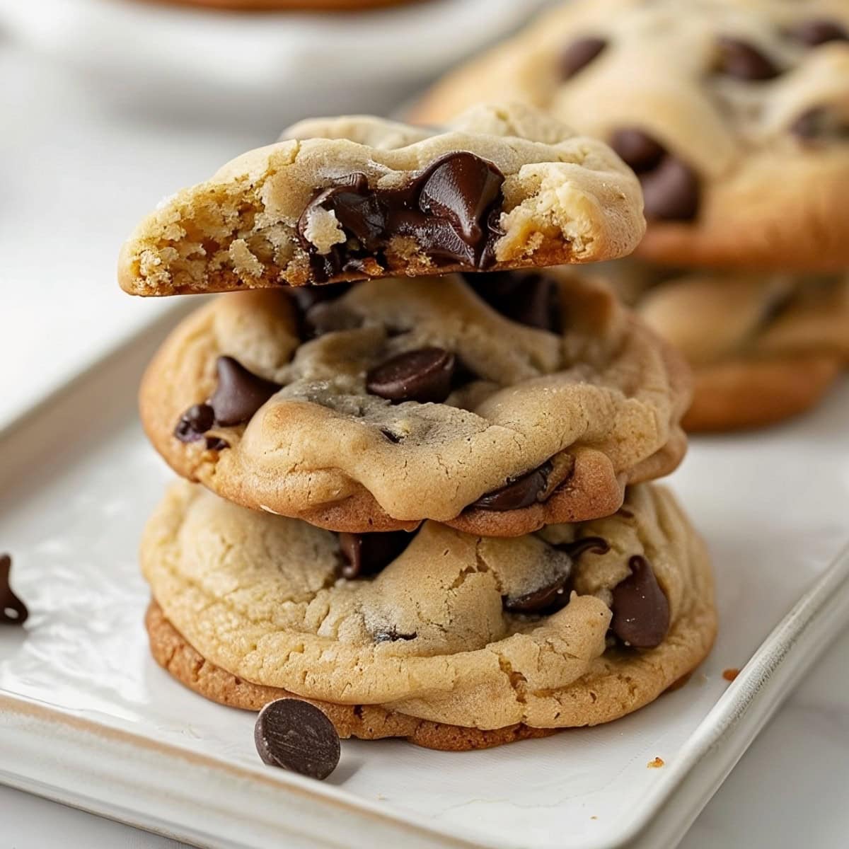 Chewy homemade banana bread chocolate chip cookies stacked on a plate