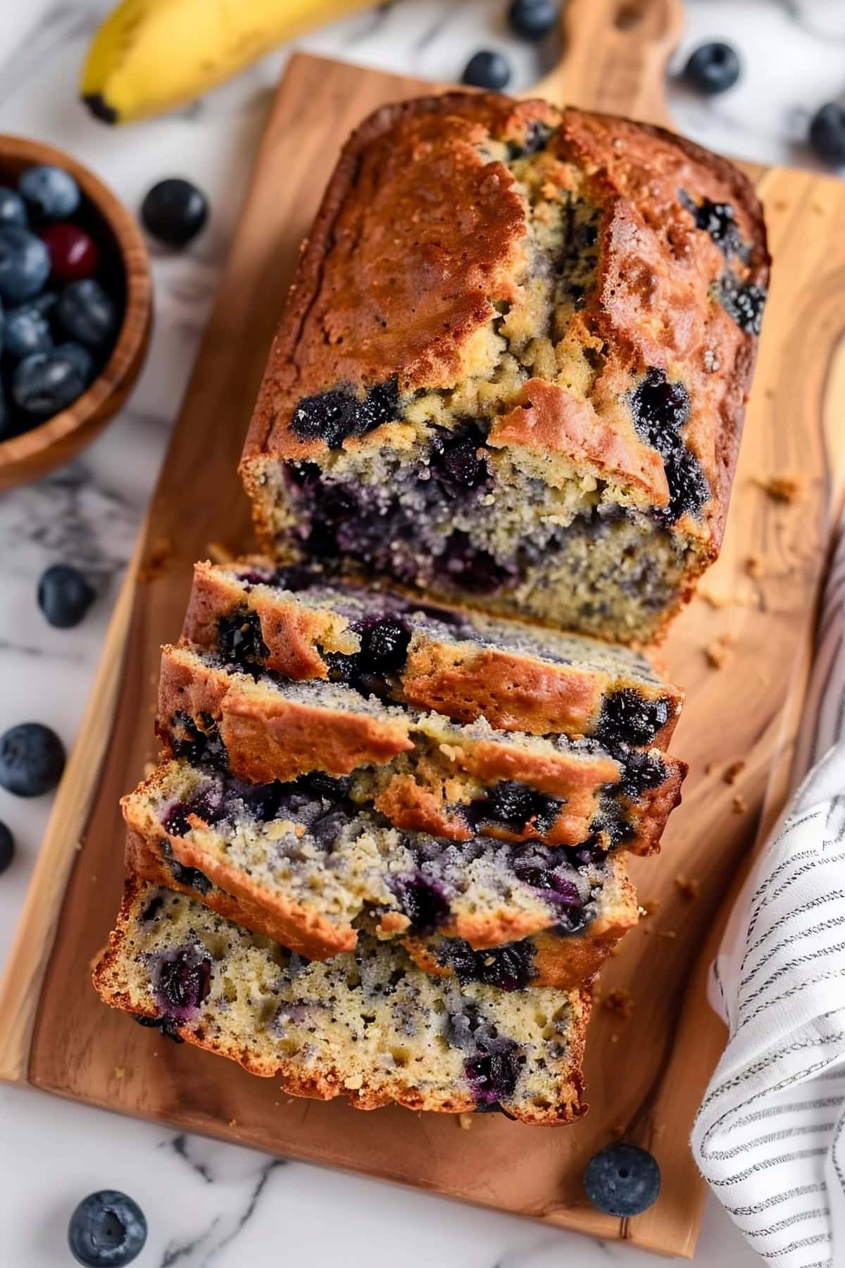 Blueberry Banana Bread in a Wooden Board, Top View