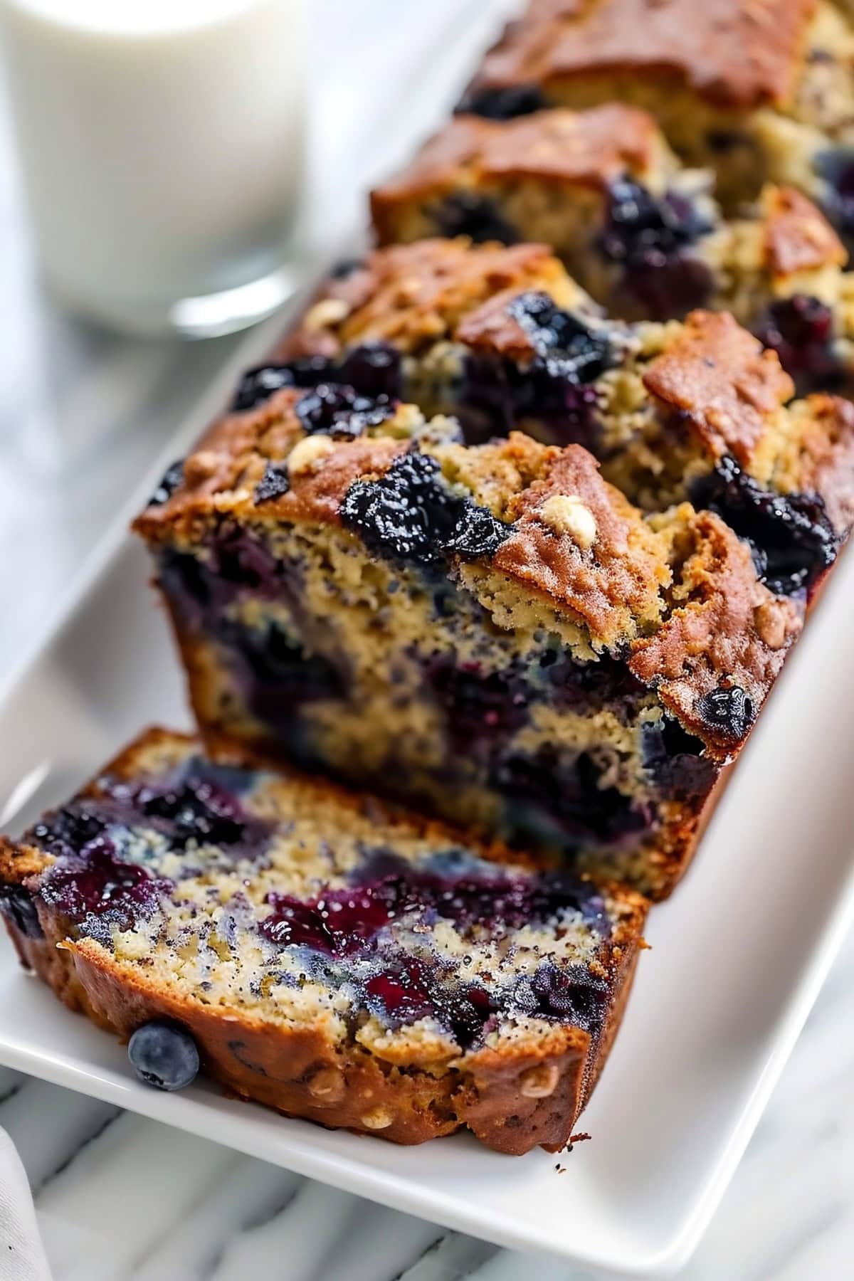 Blueberry Banana Bread in a White Platter, Close-up