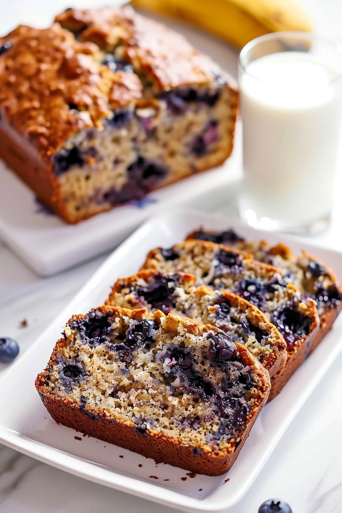 Blueberry Banana Bread Slices Served with Milk