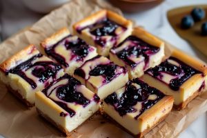 Slices of blueberry cheesecake bars.