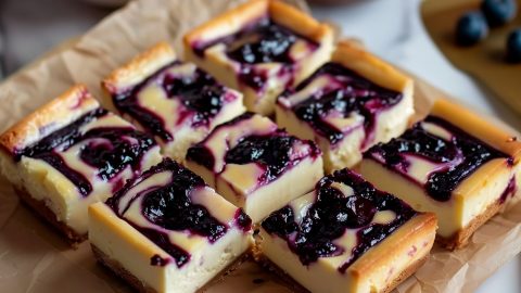 Slices of blueberry cheesecake bars.