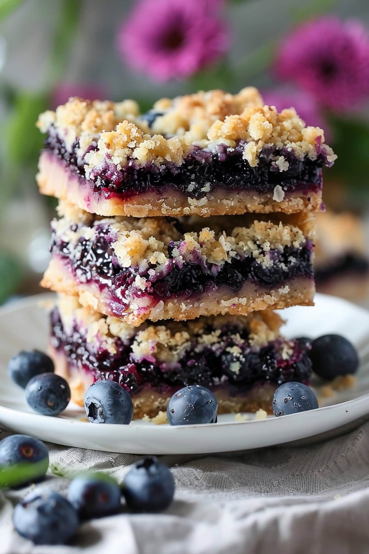 Stack blueberry crumble bars in a white plate.