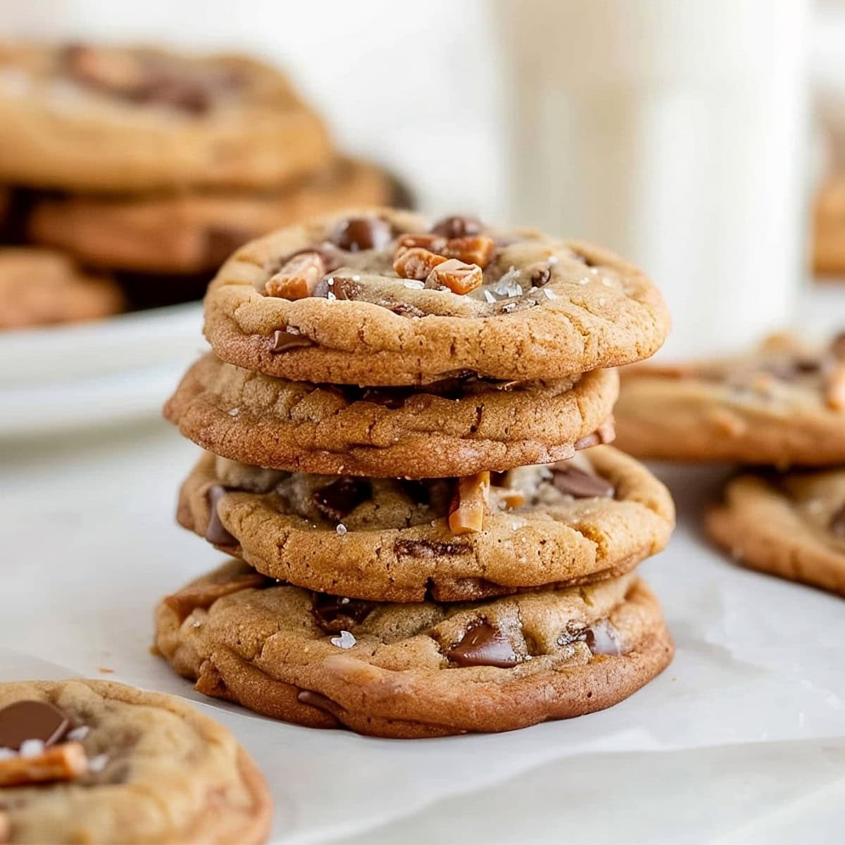 Brown Butter Toffee Chocolate Chip Cookies Stacked.