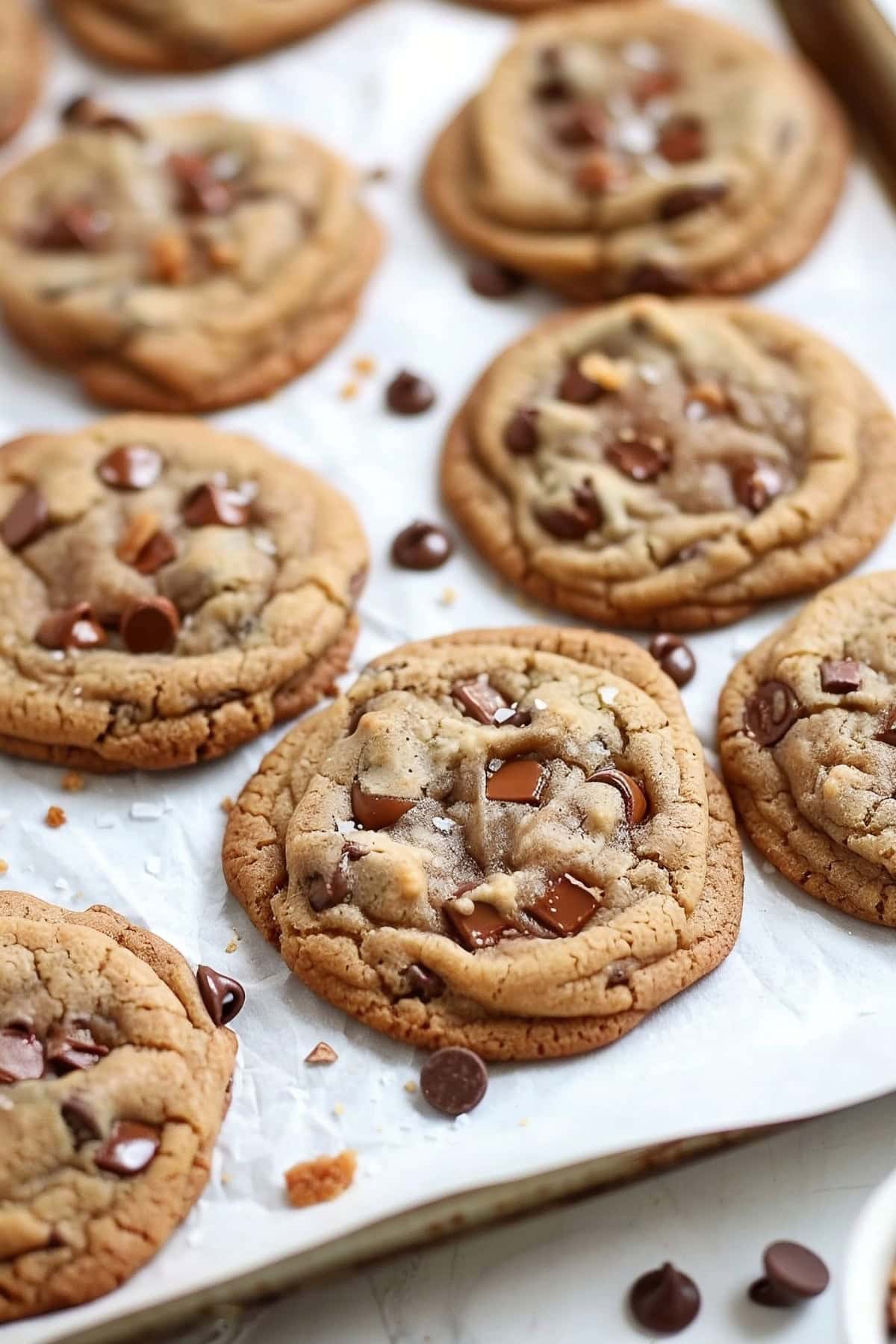 Brown Butter Toffee Chocolate Chip Cookies on a White Parchment Paper.