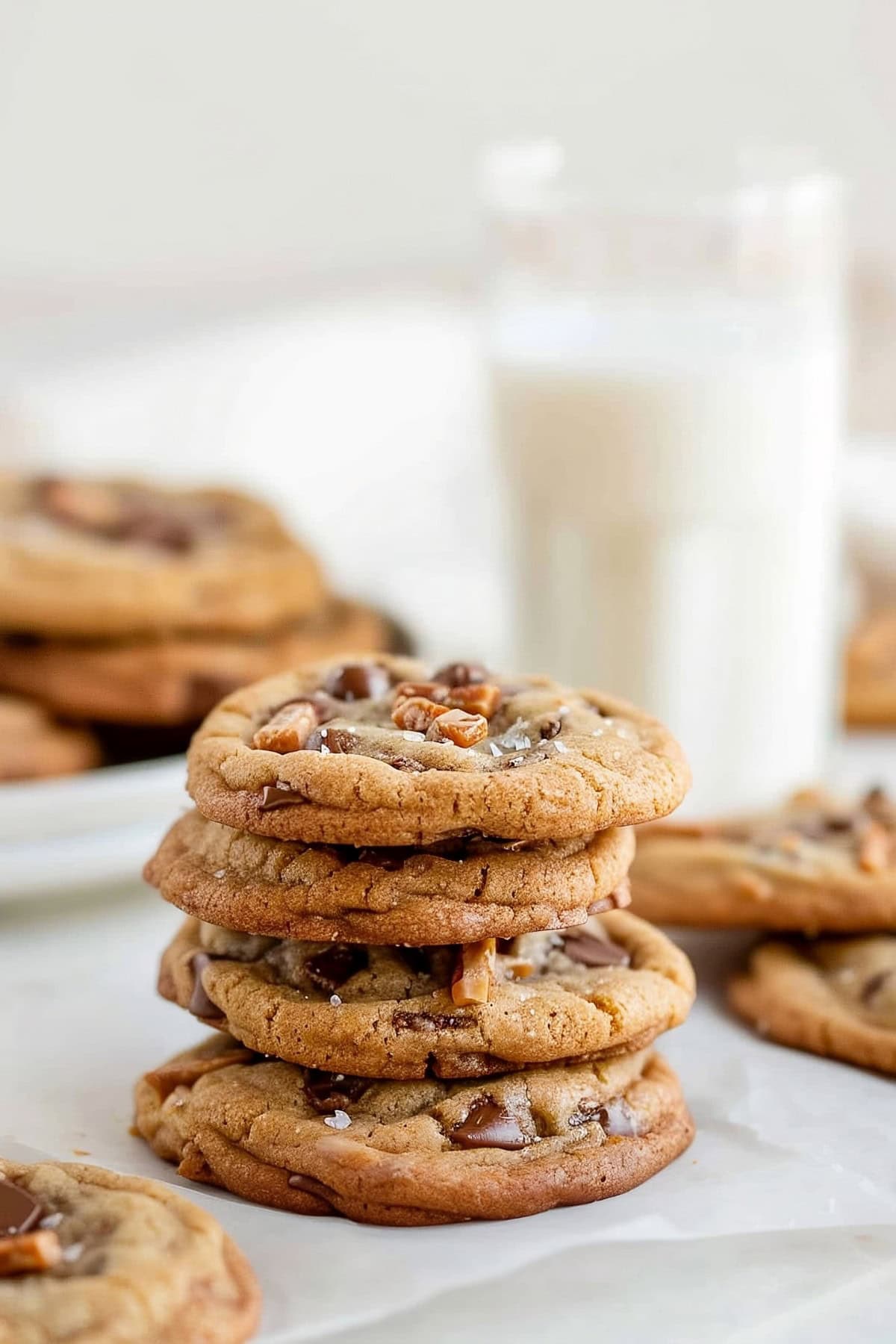 Stacked Brown Butter Toffee Chocolate Chip Cookies Served with a Glass of Milk.