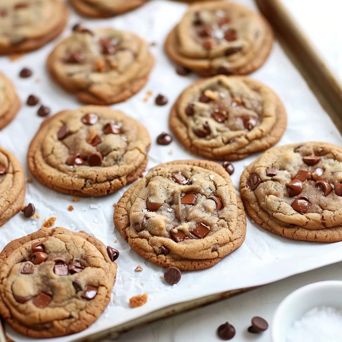 Delicious brown butter toffee chocolate chip cookies, garnished with a sprinkle of sea salt for added flavor.