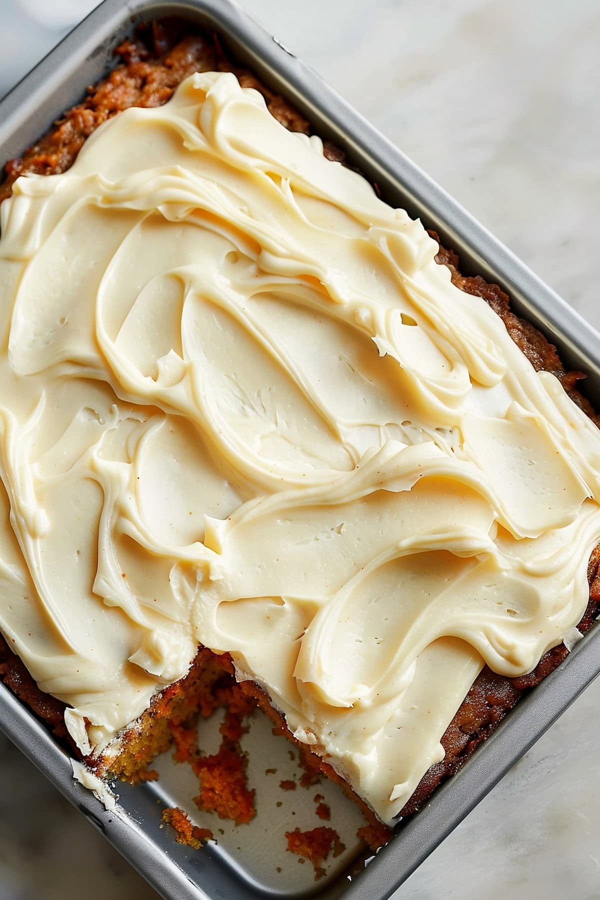 Carrot sheet cake with frosting, top view