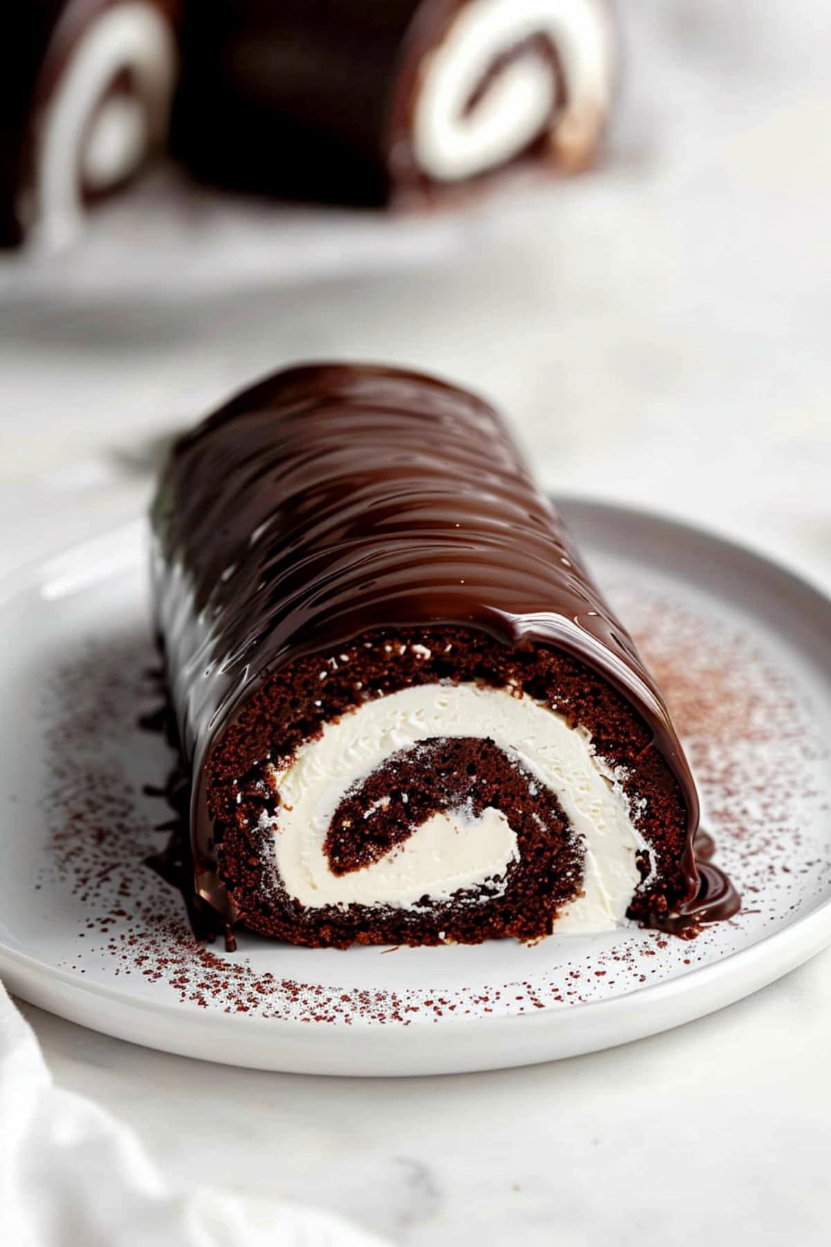 Close-up shot of chocolate Swiss roll cake in a white plate.