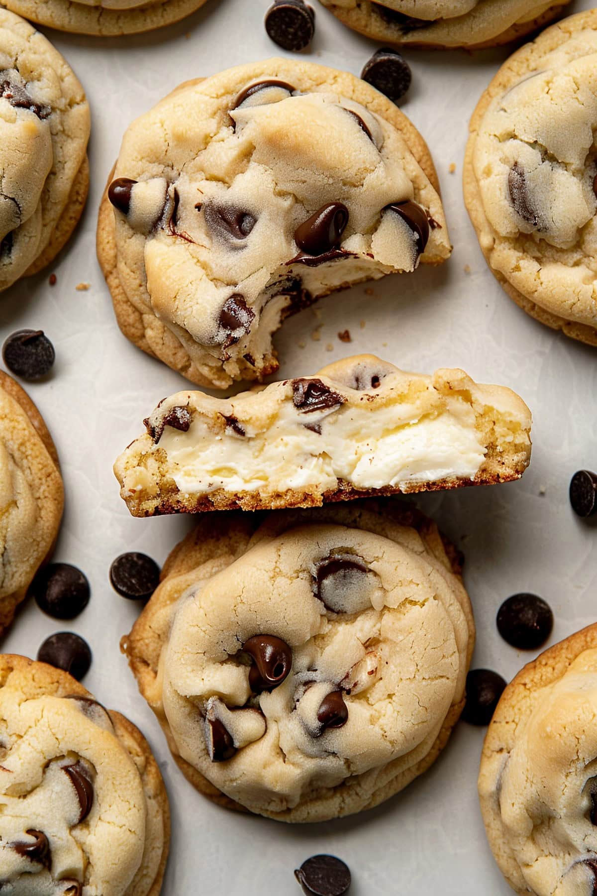 Freshly baked chocolate chip cheesecake cookies with a golden brown edge and creamy, cheesecake center.