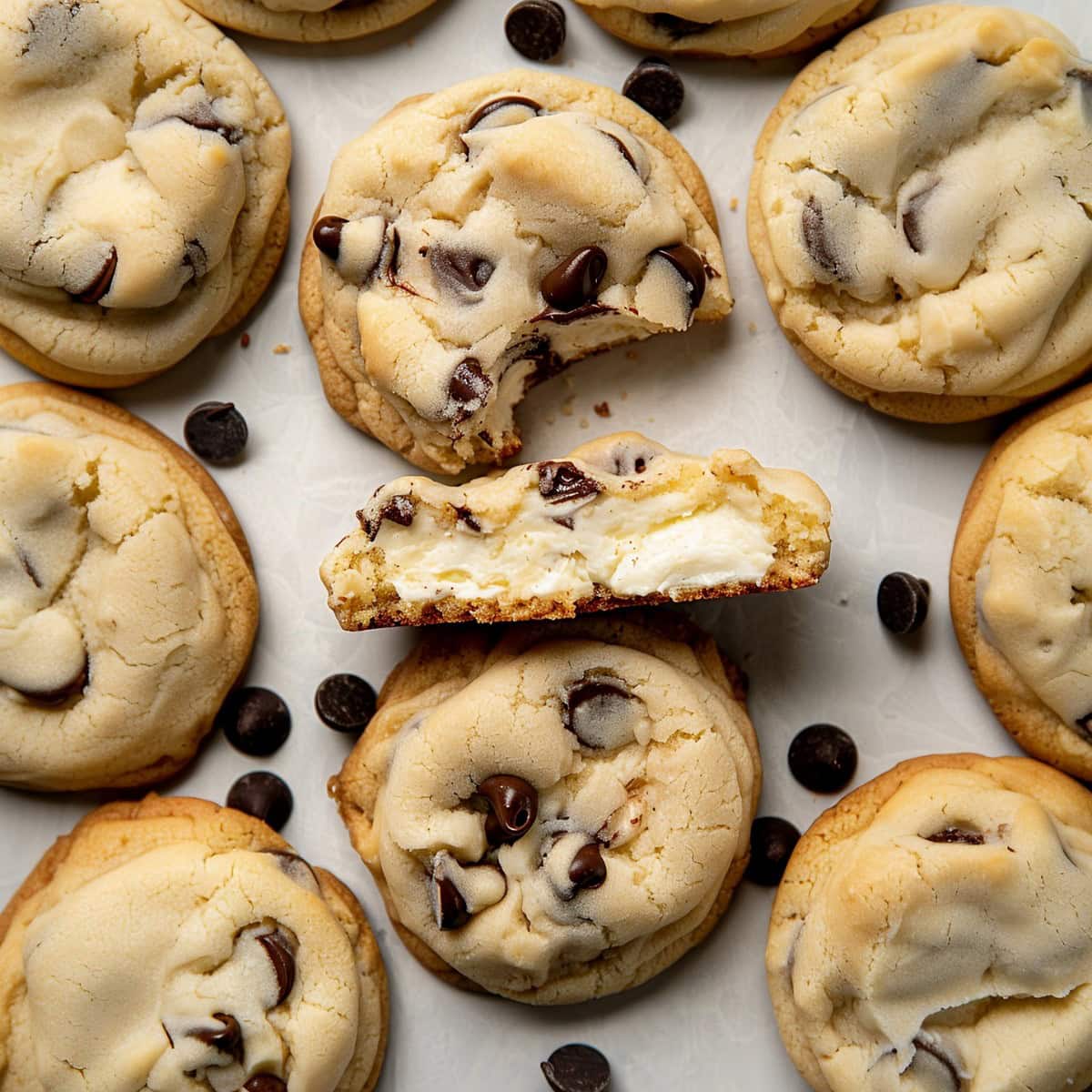 Irresistible homemade cheesecake stuffed chocolate chip cookies, top view.