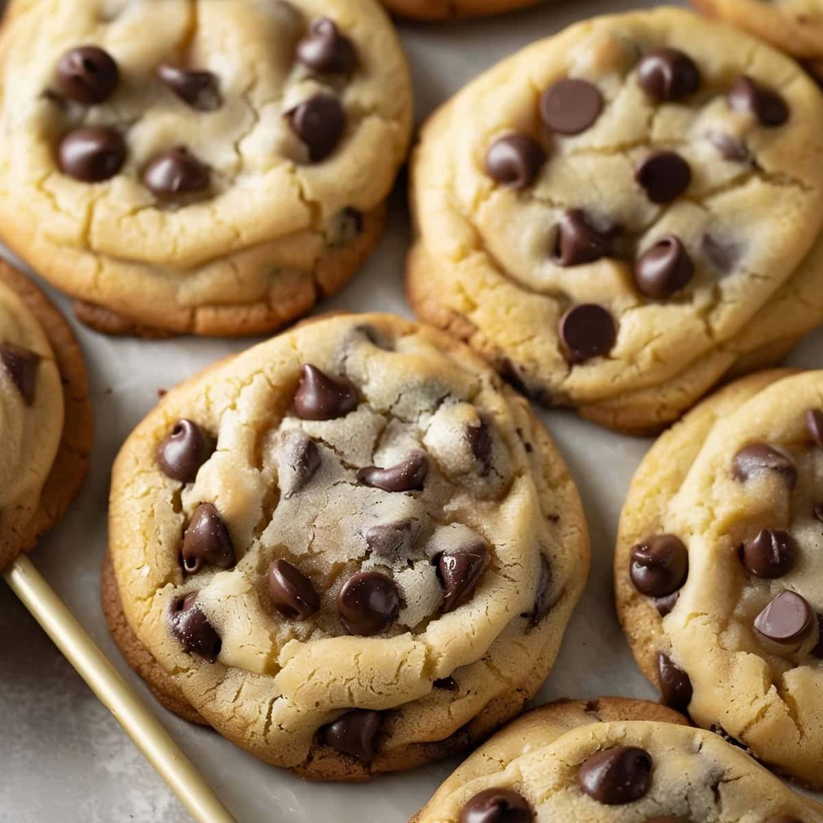 Decadent chocolate chip cheesecake cookies, fresh out of the oven with melty chocolate chips on top