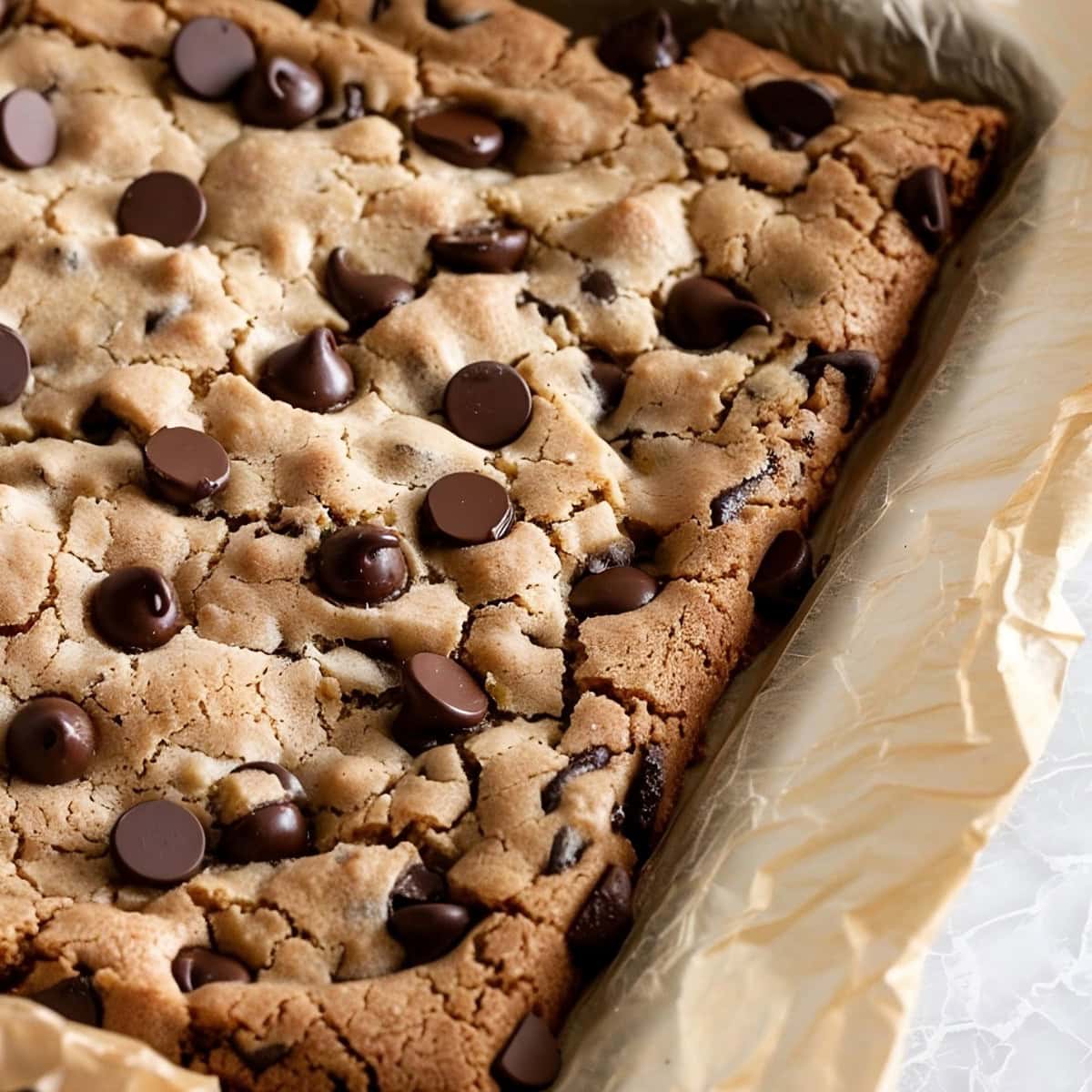 Chocolate Chip Cookie baked in a rectangular sheet pan.