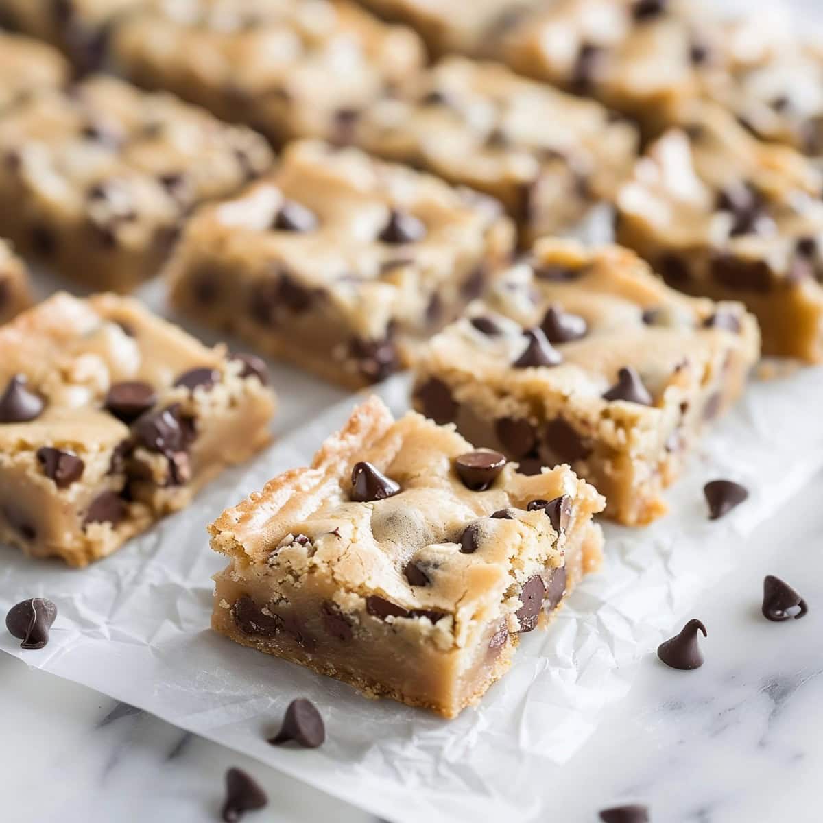 Chocolate Chip Cookie Bars arranged flat lay on a parchment paper.