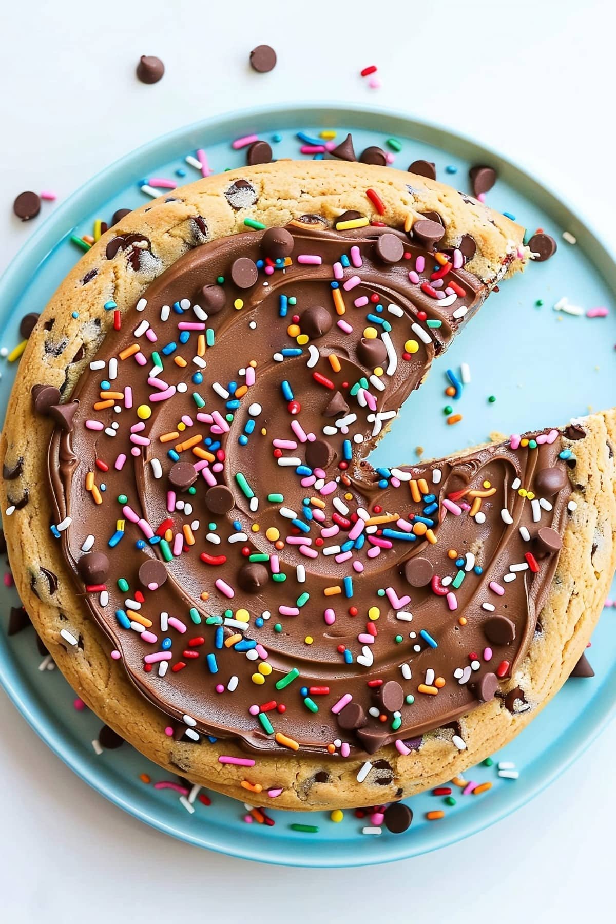 Chocolate Chip Cookie Cake with Sprinkles, a slice removed, on a blue plate, Top View