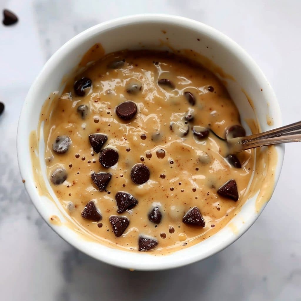 Chocolate chip mug cake batter, top down view