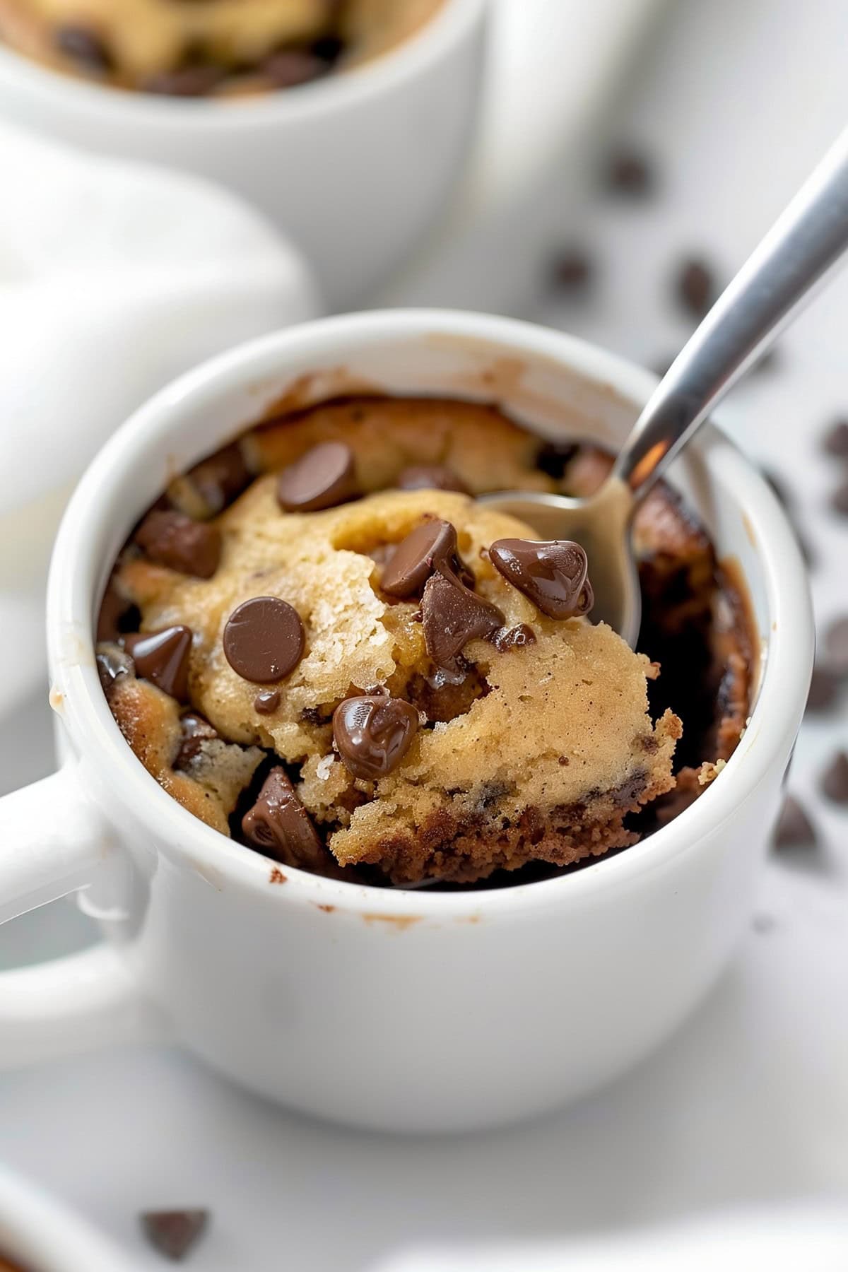 Homemade chocolate chip mug cake on a white marble table, close up.