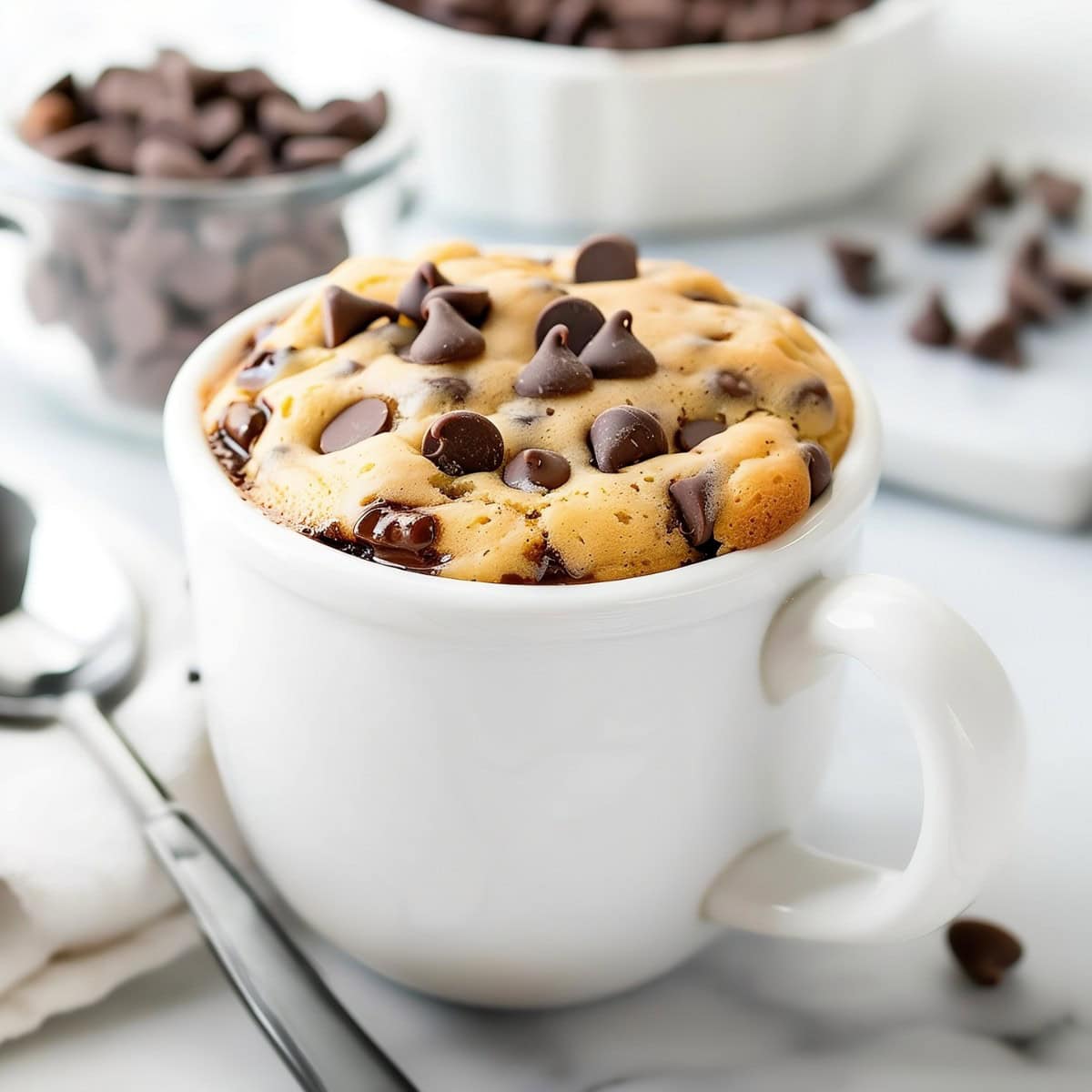 Decadent chocolate chip mug cake, fresh out of the microwave with chocolate chips in a bowl in the background