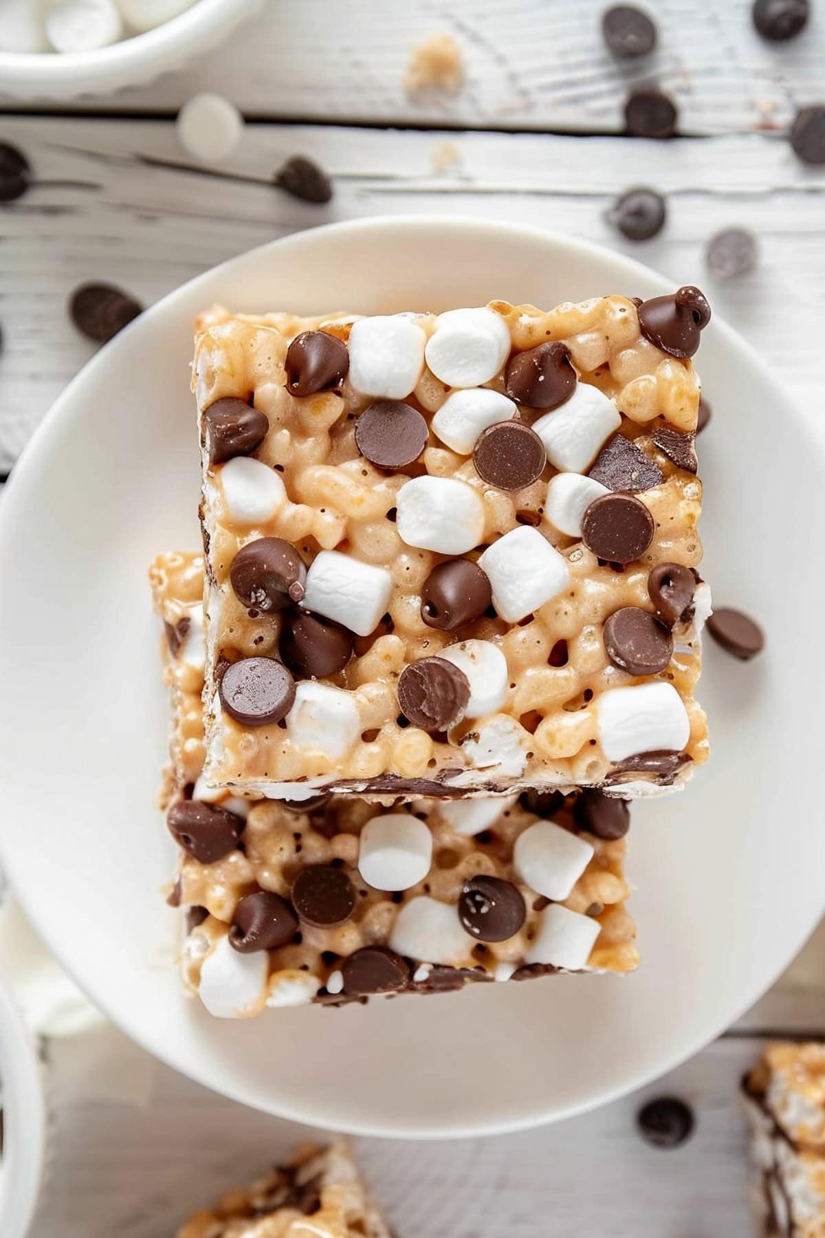 Chocolate Chip Rice Krispie Treats in a Plate, Top View