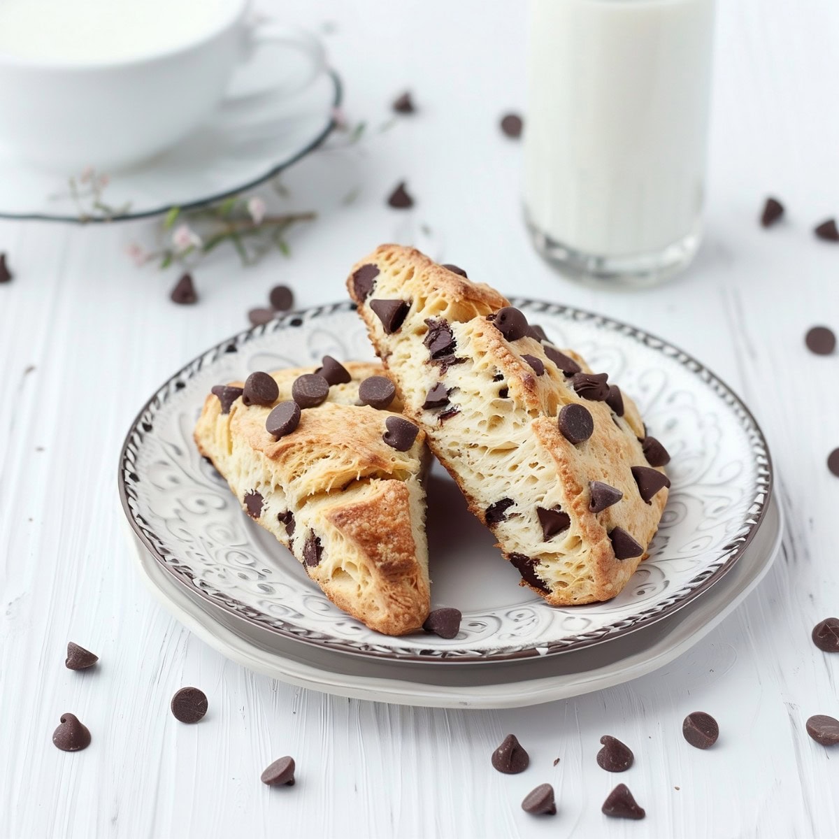 Two Chocolate Chip Scones on a plate