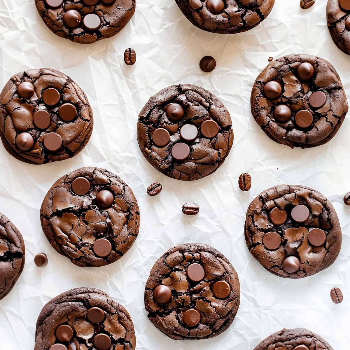 Chocolate Espresso Cookies with Chocolate Chips on a White Parchment Paper.