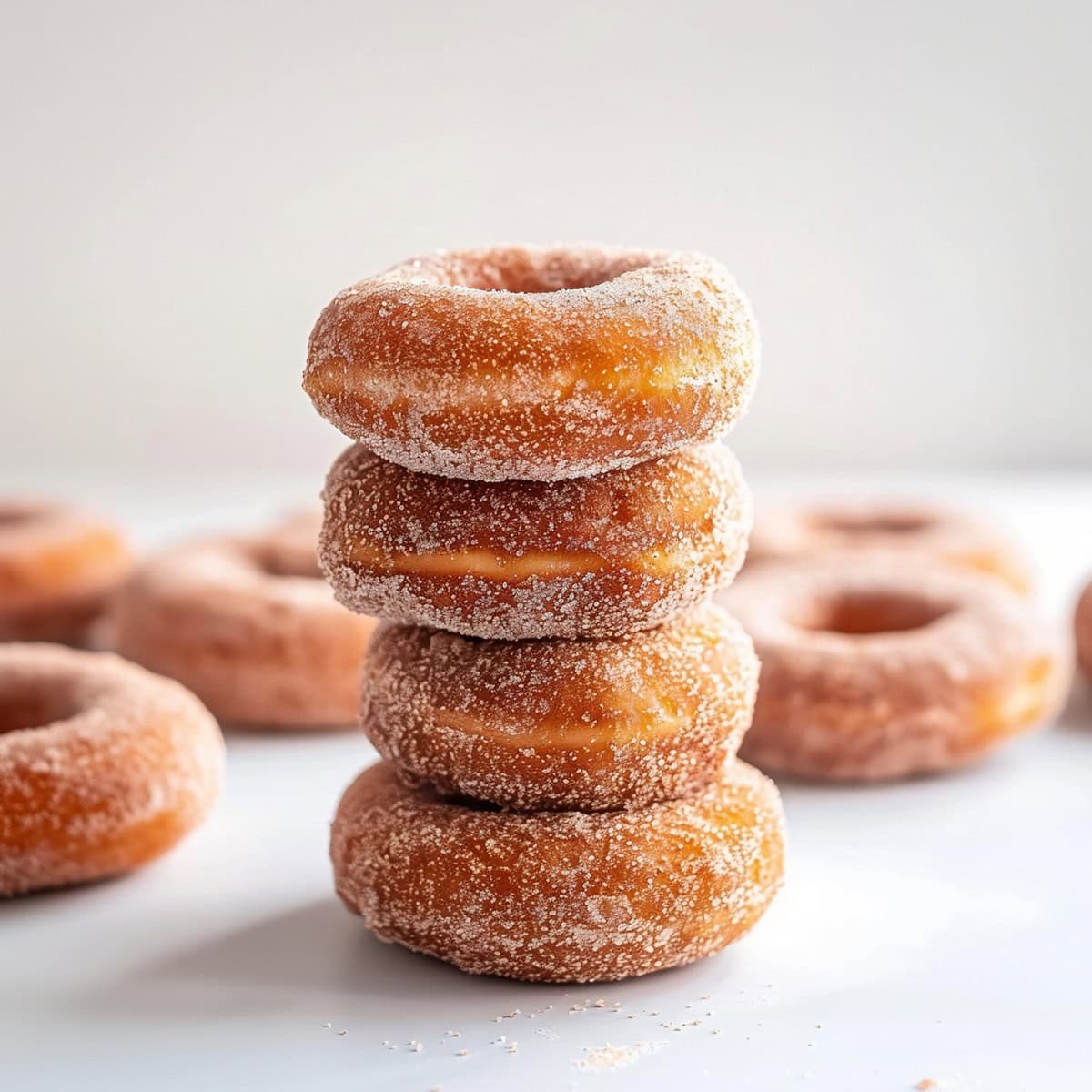 Baked cinnamon sugar donuts stacked on a white table with more donuts in the background