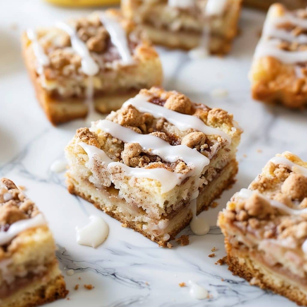 Squares of banana coffee cake, featuring a thick layer of crumb topping and sweet vanilla glaze.