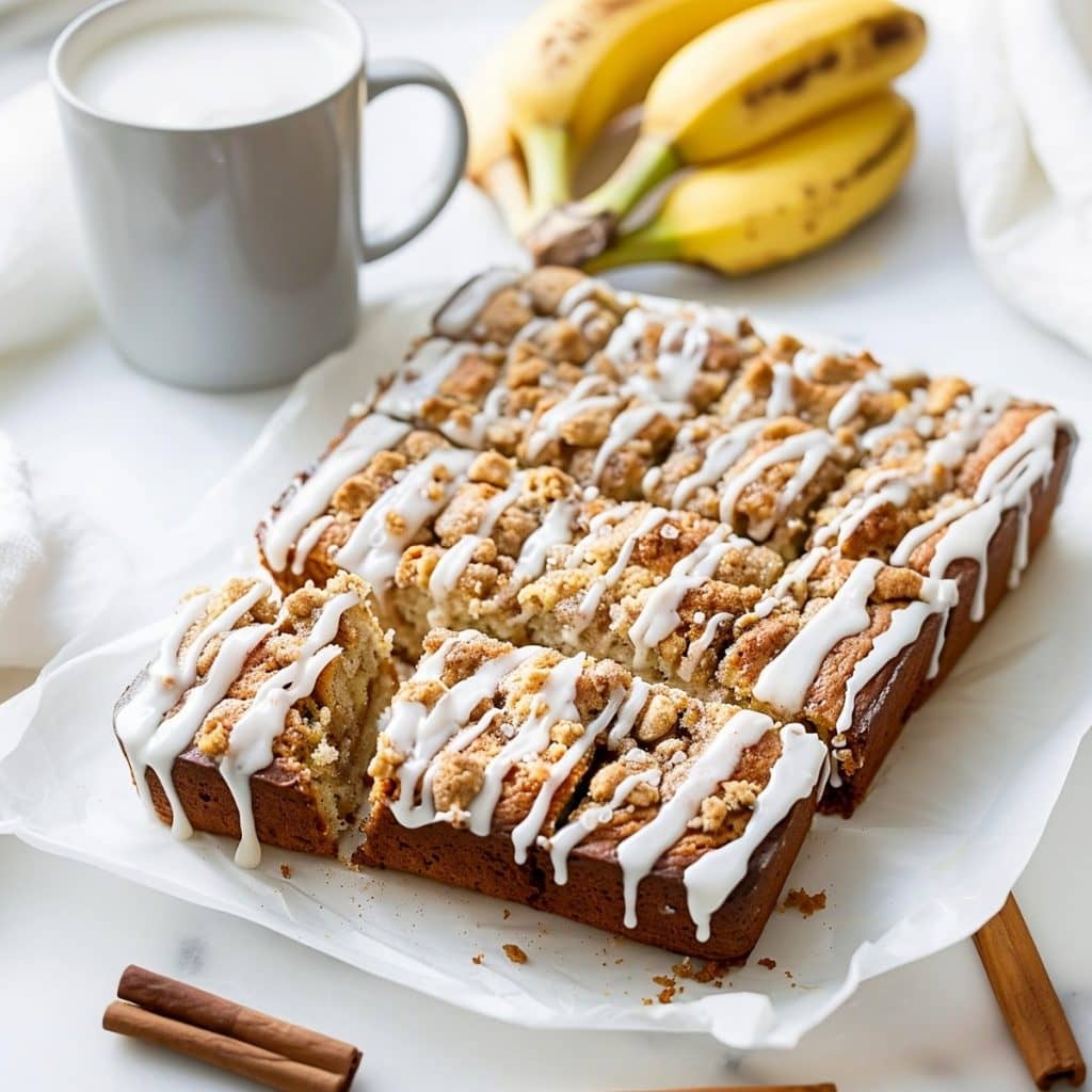 Coffee cake banana bread on a white parchment paper, drizzled with sweet glaze