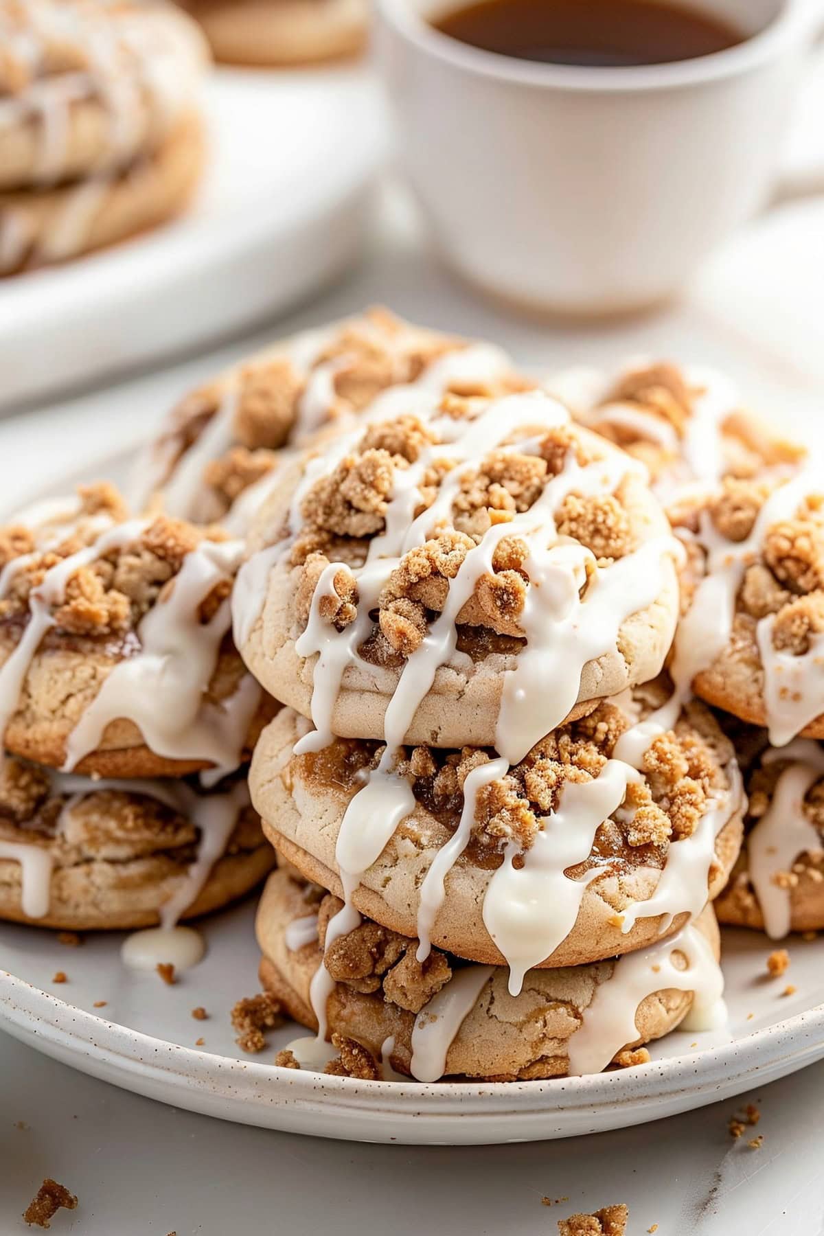 Classic coffee cake cookies, served on a white plate with a drizzle of vanilla glaze.