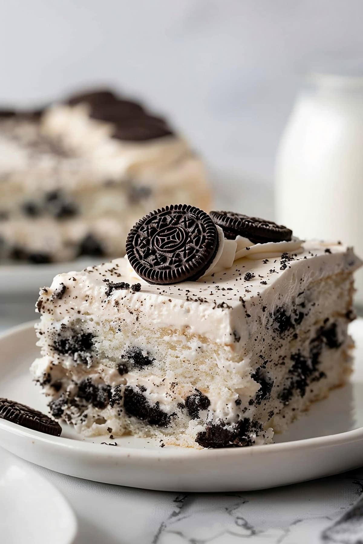 Cookies and Cream Sheet Cake Square on a Plate