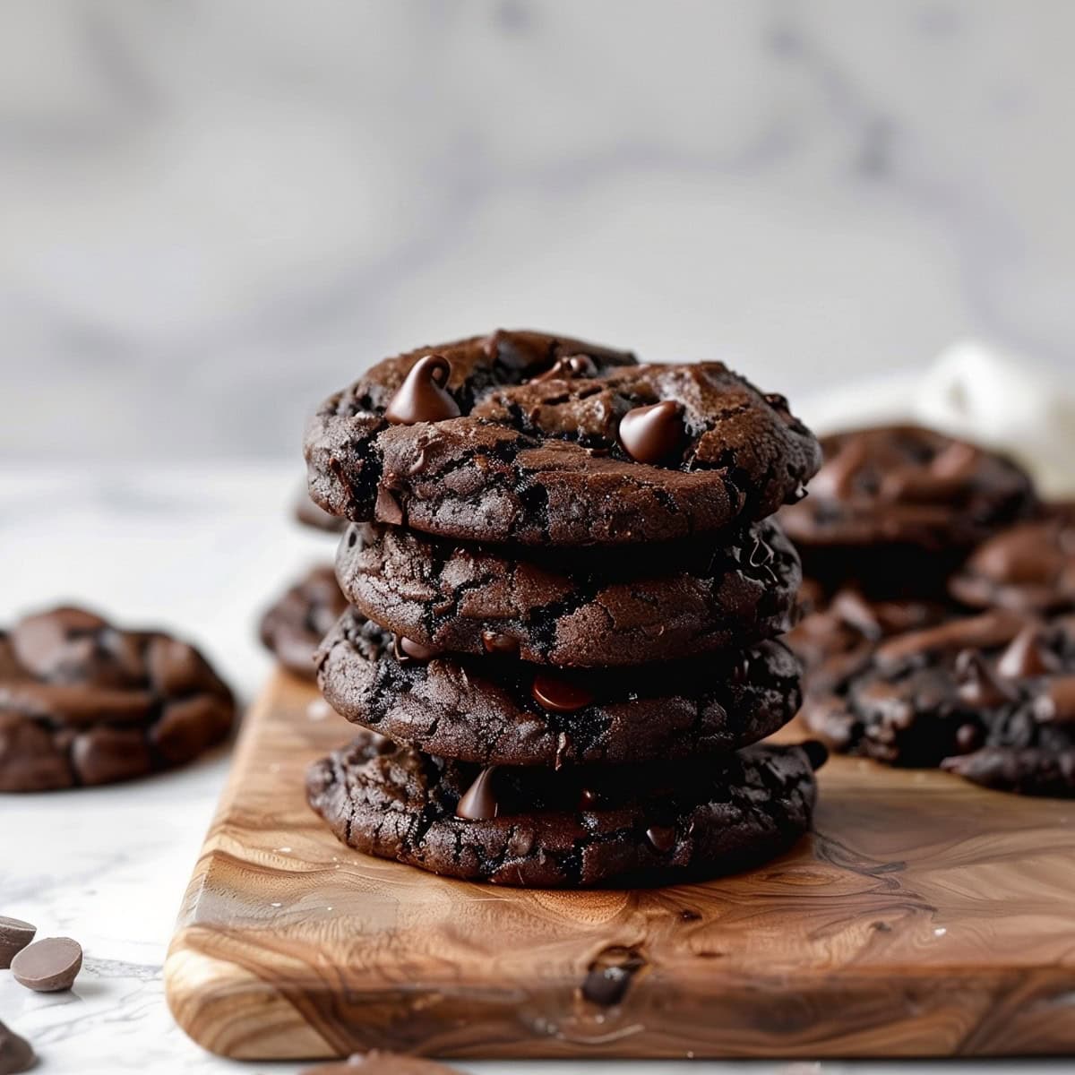 Double Chocolate Chip Cookies stacked on top of each other on a wooden board.