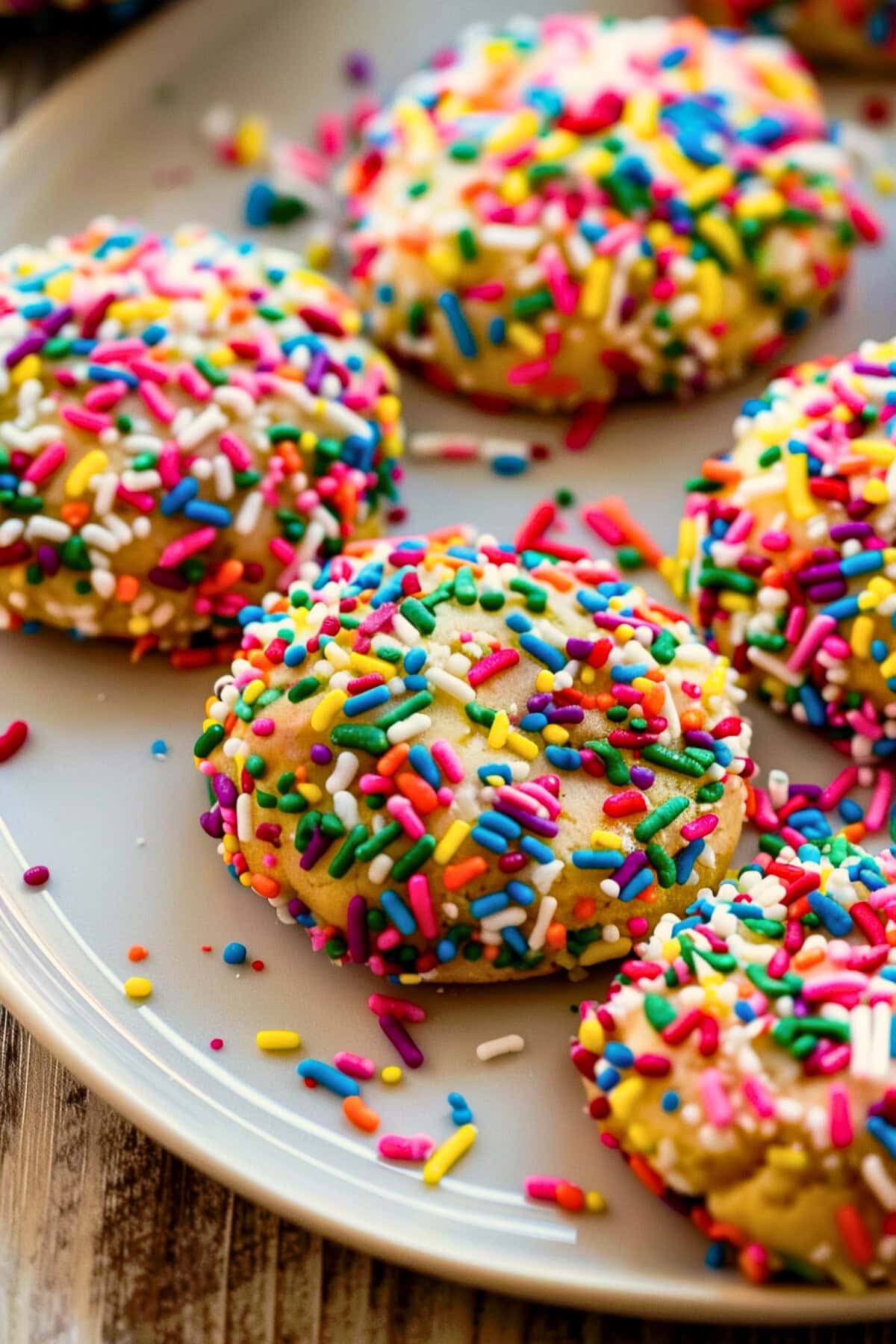 A plate of colorful funfetti cookies with rainbow sprinkles.