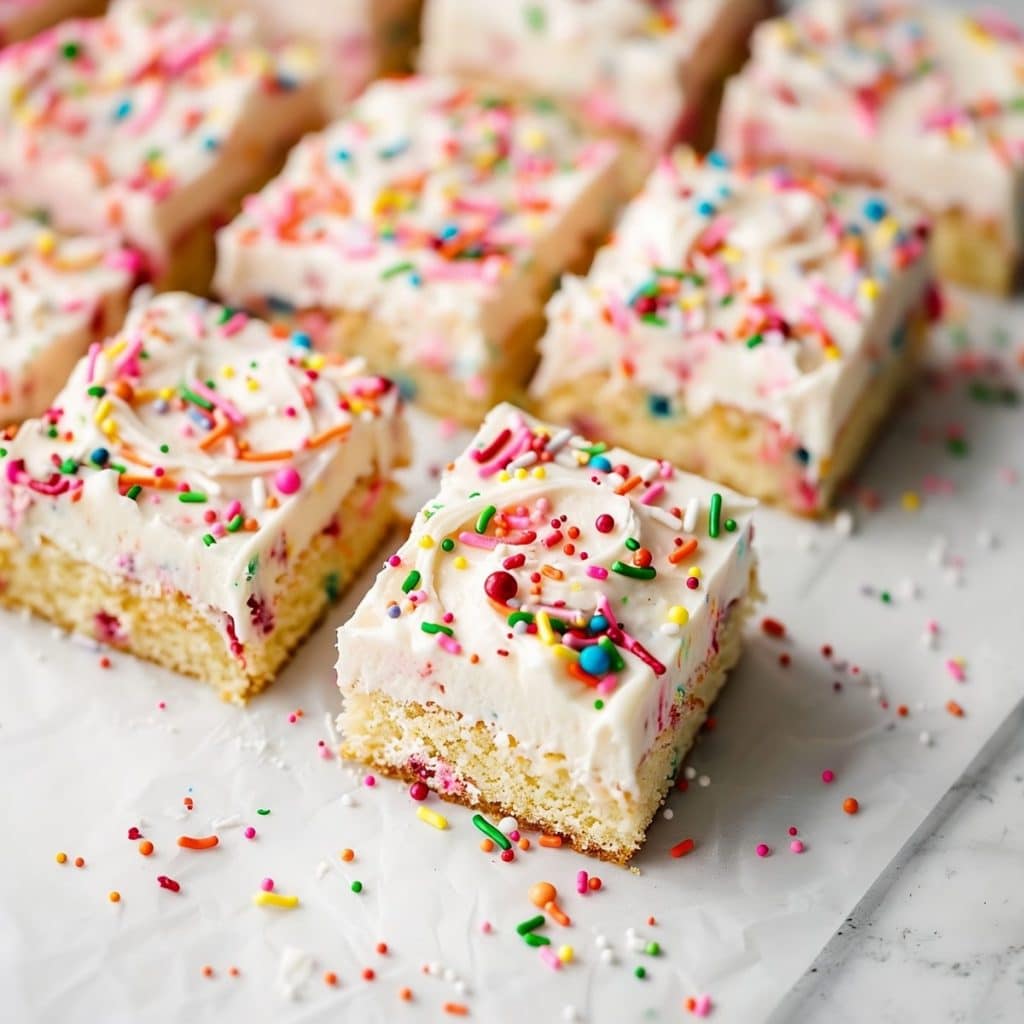 Colorful Funfetti Sheet Cake with Candy Sprinkles.