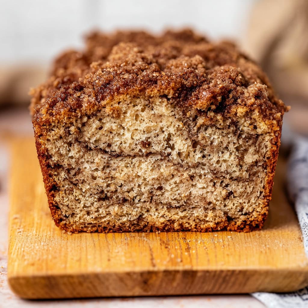 Homemade cinnamon crunch banana bread in a wooden board, close-up
