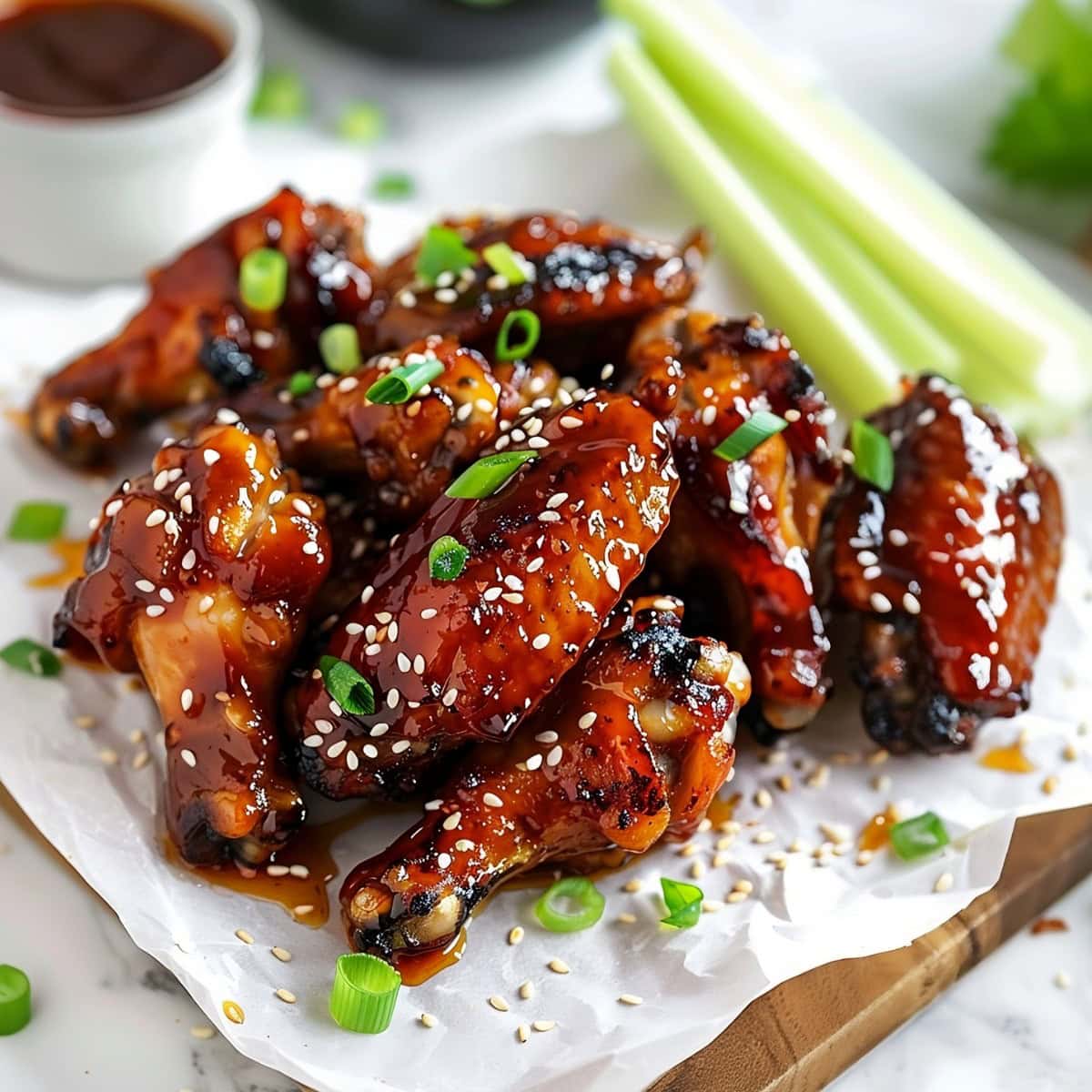 Honey glazed chicken wings in a wooden board with parchment paper.