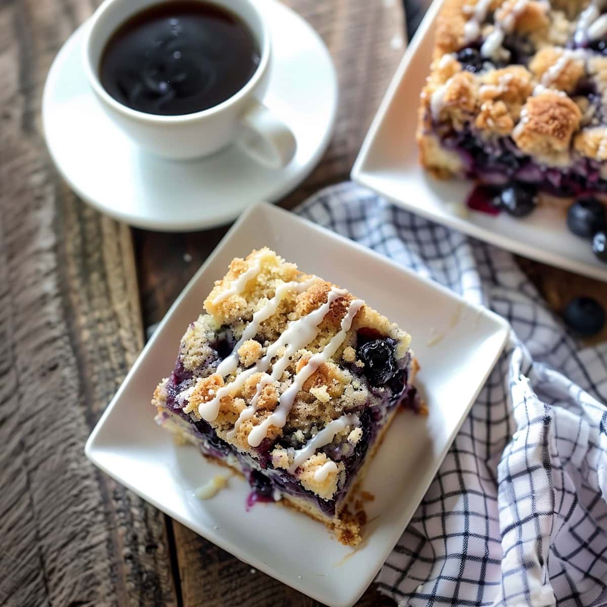 Lemon blueberry coffee cake slice on a plate, top down view