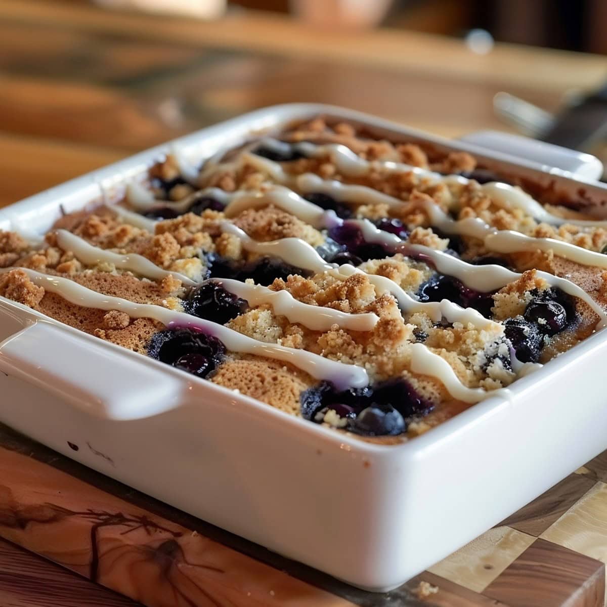 Lemon blueberry coffee cake in baking dish