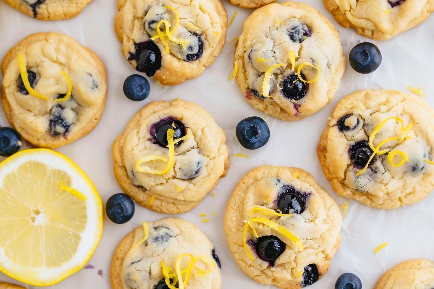 Lemon blueberry cookies sprinkled with lemon zest.