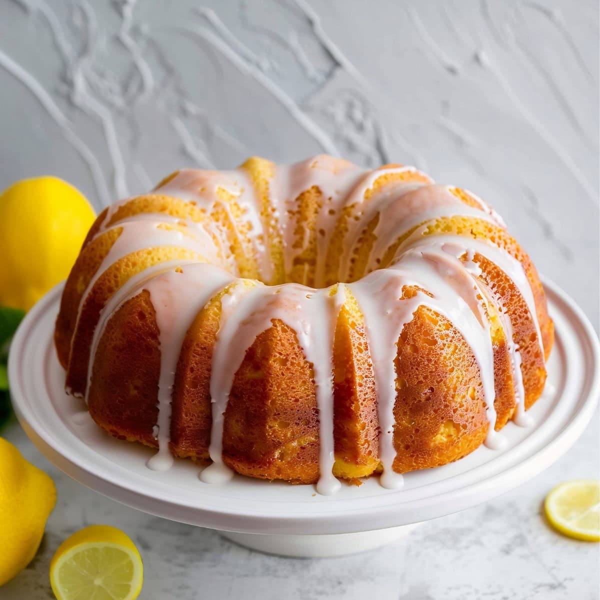 Sweet and tangy lemon bundt cake with a glaze on a cake stand